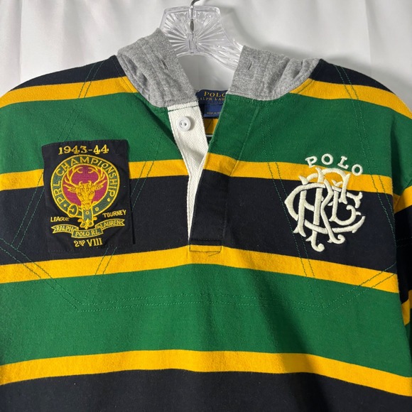 Polo Ralph Lauren Long Sleeve Cotton Hooded Rugby Shirt Green Striped Small - Picture 3 of 6